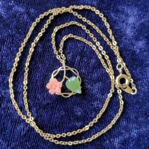 Vintage 14K Gold Plated Flower Necklace, Carved Angel Skin Coral And Jade